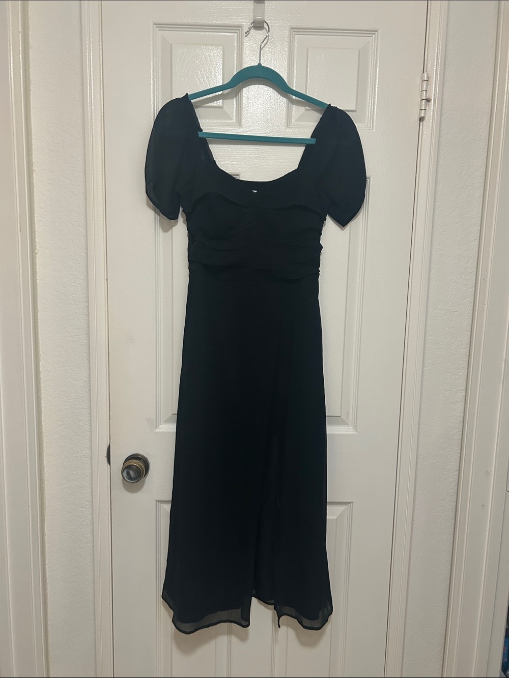 Hollister Black Sweetheart Midi Dress with Puff Sleeves